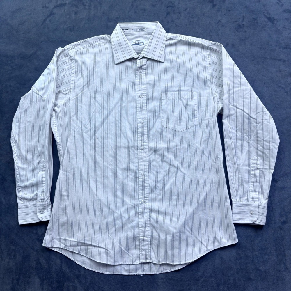 Vintage Yves Saint Laurent Mens Striped Dress Shirt White Blue 16.5 34-35 L